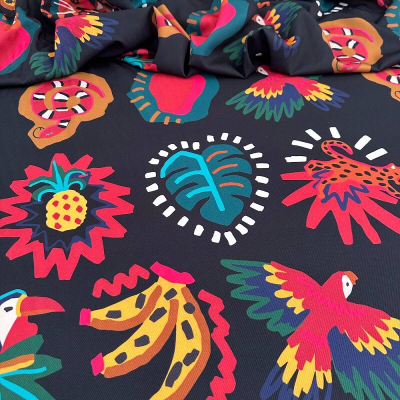 Tecido Estampado Crepe Evolve araras e bananas - Atacado