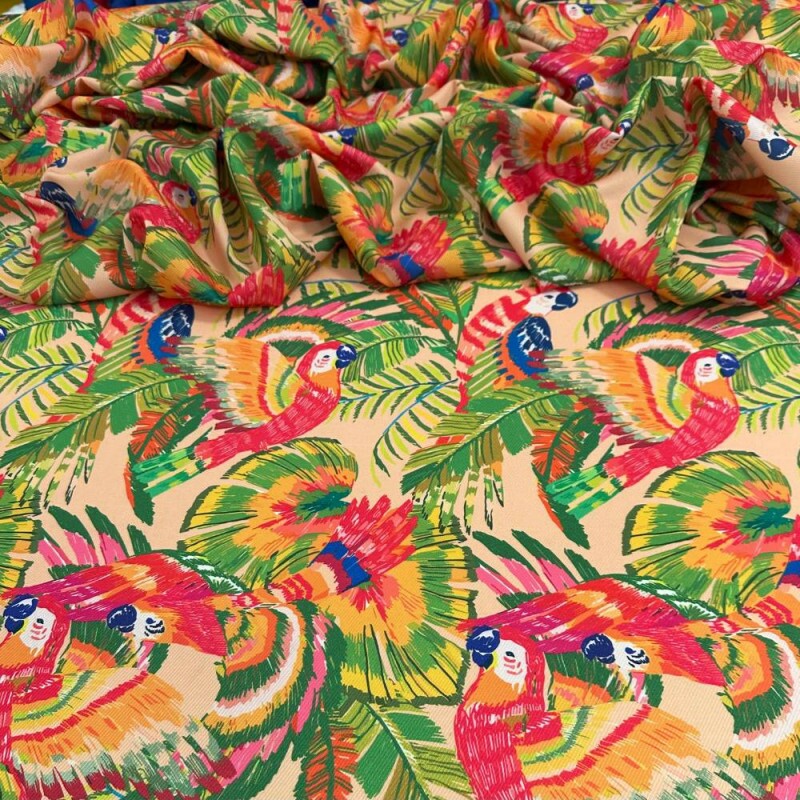 Tecido Estampado Crepe Evolve araras e folhagem2