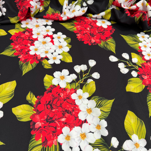 Tecido Estampado Crepe Evolve flores vermelhas 2