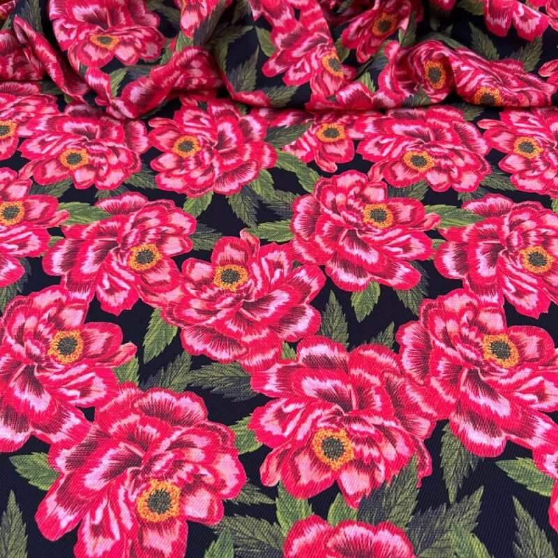 Tecido Estampado Viscose Eco Premium flores vermelhas