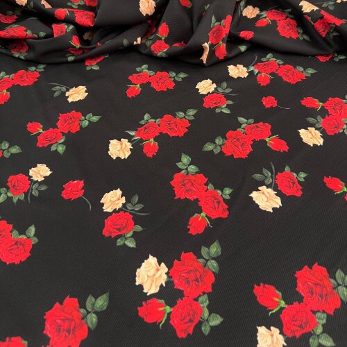 Tecido Estampado Crepe Evolve rosas red - Atacado 