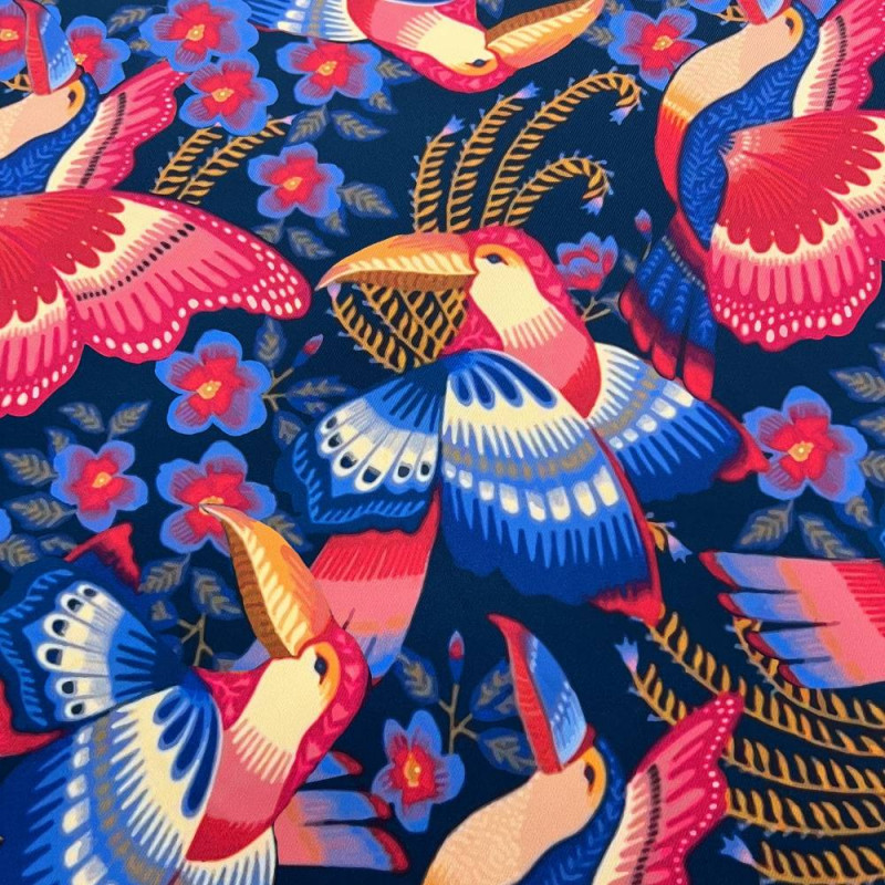 Tecido Estampado Crepe Evolve tucanos azuis - atacado